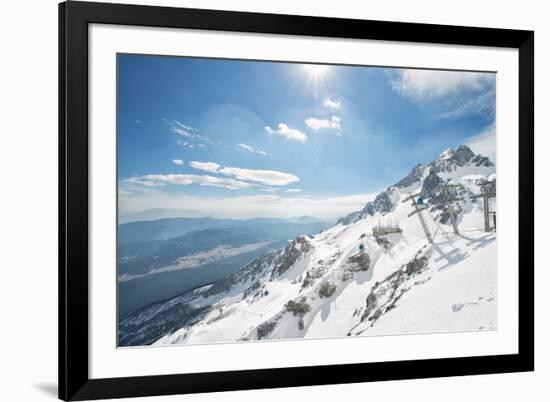 Jade Dragon Snow Mountain with Blue Cable Cars and View on the Lower Regions of Yunnan, China, Asia-Andreas Brandl-Framed Photographic Print