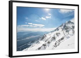 Jade Dragon Snow Mountain with Blue Cable Cars and View on the Lower Regions of Yunnan, China, Asia-Andreas Brandl-Framed Photographic Print