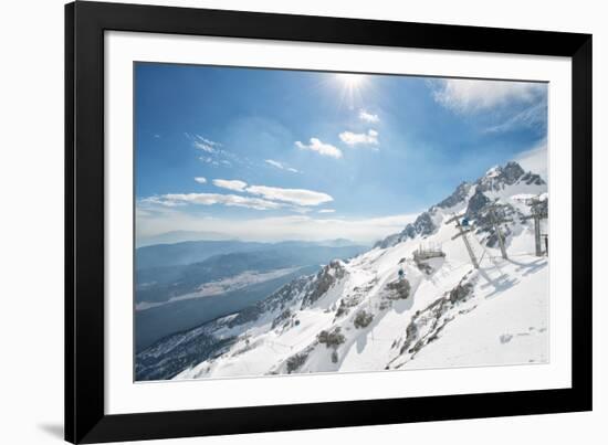 Jade Dragon Snow Mountain with Blue Cable Cars and View on the Lower Regions of Yunnan, China, Asia-Andreas Brandl-Framed Photographic Print