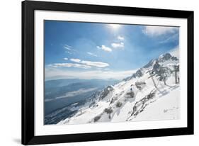 Jade Dragon Snow Mountain with Blue Cable Cars and View on the Lower Regions of Yunnan, China, Asia-Andreas Brandl-Framed Photographic Print