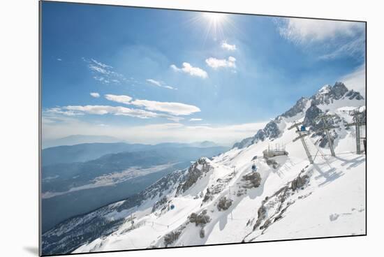 Jade Dragon Snow Mountain with Blue Cable Cars and View on the Lower Regions of Yunnan, China, Asia-Andreas Brandl-Mounted Photographic Print