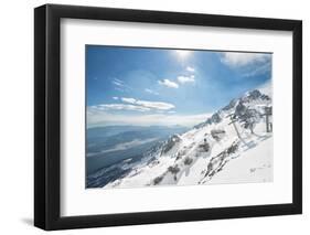 Jade Dragon Snow Mountain with Blue Cable Cars and View on the Lower Regions of Yunnan, China, Asia-Andreas Brandl-Framed Photographic Print