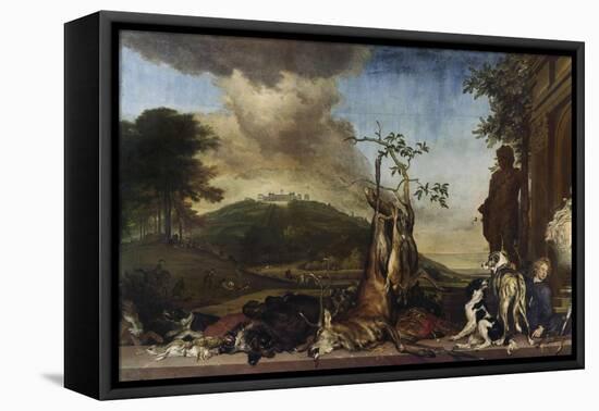 Jagdstilleben Vor Einer Landschaft Mit Schloss Bensberg, 1712-Jan Weenix-Framed Stretched Canvas