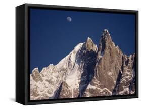 Jagged Peak of Aiguille Du Dru and the Moon, Chamonix, Rhone Alpes, France, Europe-Hart Kim-Framed Stretched Canvas