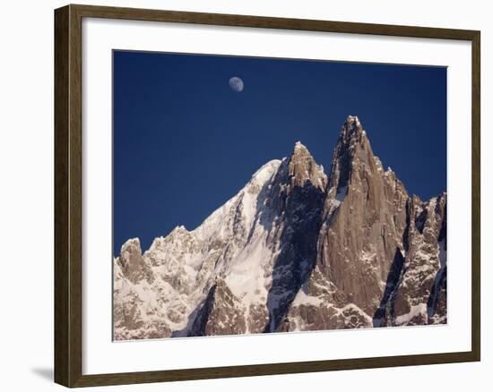 Jagged Peak of Aiguille Du Dru and the Moon, Chamonix, Rhone Alpes, France, Europe-Hart Kim-Framed Photographic Print