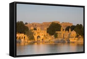 Jaisalmer Fortress and Gadsisar Lake Illuminated at Sunrise, Jaisalmer, Rajasthan, India, Asia-Doug Pearson-Framed Stretched Canvas