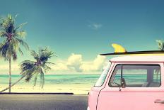 Vintage Car Parked on the Tropical Beach (Seaside) with a Surfboard on the Roof-jakkapan-Framed Stretched Canvas