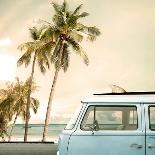 Vintage Car Parked on the Tropical Beach (Seaside) with a Surfboard on the Roof-jakkapan-Stretched Canvas
