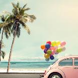 Vintage Car Parked on the Tropical Beach (Seaside) with a Surfboard on the Roof-jakkapan-Photographic Print