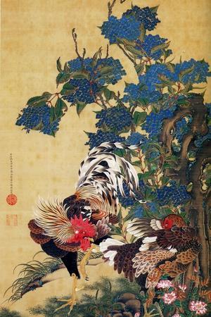 Rooster, Hen and Hydrangea