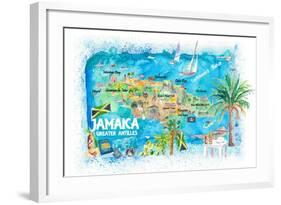 Jamaica Illustrated Travel Map with Roads and Highlights-M. Bleichner-Framed Art Print