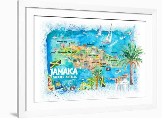 Jamaica Illustrated Travel Map with Roads and Highlights-M. Bleichner-Framed Art Print