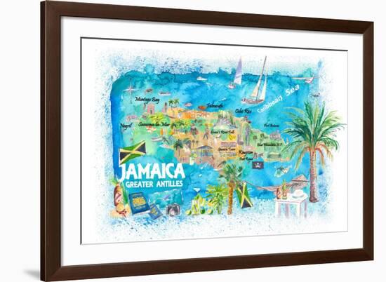 Jamaica Illustrated Travel Map with Roads and Highlights-M. Bleichner-Framed Art Print