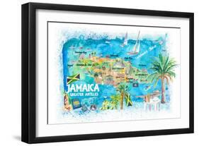 Jamaica Illustrated Travel Map with Roads and Highlights-M. Bleichner-Framed Art Print