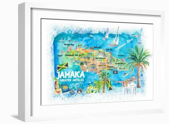 Jamaica Illustrated Travel Map with Roads and Highlights-M. Bleichner-Framed Art Print