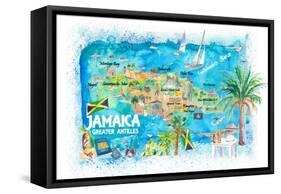 Jamaica Illustrated Travel Map with Roads and Highlights-M. Bleichner-Framed Stretched Canvas