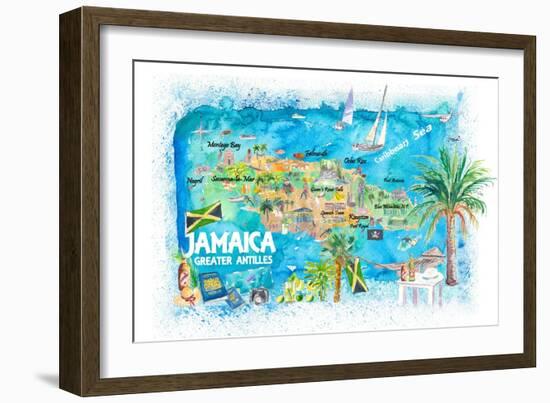 Jamaica Illustrated Travel Map with Roads and Highlights-M. Bleichner-Framed Premium Giclee Print