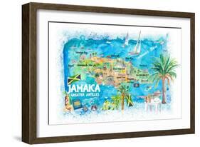 Jamaica Illustrated Travel Map with Roads and Highlights-M. Bleichner-Framed Premium Giclee Print