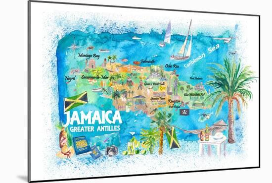 Jamaica Illustrated Travel Map with Roads and Highlights-M. Bleichner-Mounted Premium Giclee Print