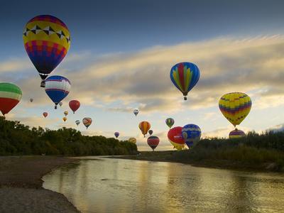 Balloons Soaring About Sandia Mountains and Rio Grande River During Albuquerque Balloon Fiesta