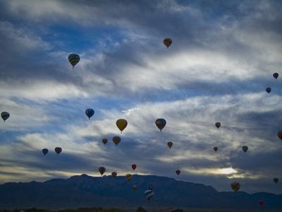 Balloons Soaring About Sandia Mountains During Albuquerque Balloon Fiesta