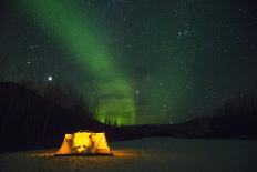 Two Campers Drinking a Bottle of Wine in a Tent under the Northern Lights-Jami Tarris-Framed Stretched Canvas