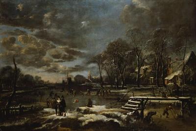 A Winter River Landscape with Figures Playing Golf and Skating