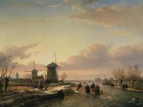 Wintery River Landscape with Skaters and Windmills-Jan Josef Spohler-Framed Stretched Canvas