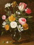 Tulips, Yellow and Pink Roses in a Glass Vase-Jan Philip Van Thielen-Stretched Canvas