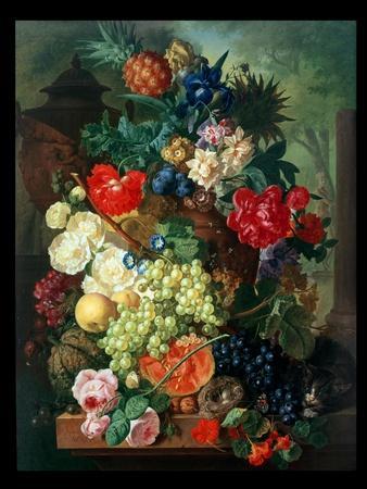 Mixed Flowers and Pineapples in an Urn with a Bird's Nest and a Cat