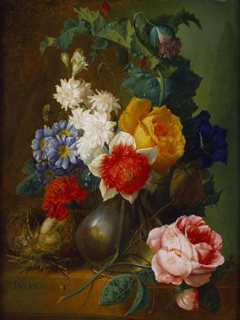 Roses, Poppies, Morning Glory and Other Flowers in a Vase with a Bird's Nest on a Ledge