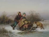 A Boy Pushing a Young Girl in a Sledge (Oil on Canvas)-Jan Walraven-Giclee Print