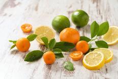 Oranges, Limes, Lemons and Clementines on White Wooden Table-Jana Ihle-Photographic Print