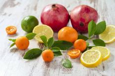 Oranges, Limes, Lemons and Clementines on White Wooden Table-Jana Ihle-Photographic Print