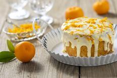 Small Orange Cake with White Icing on Wooden Table-Jana Ihle-Photographic Print