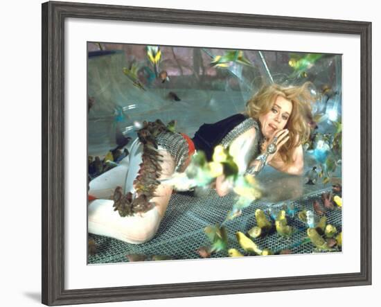 Jane Fonda is Preyed Upon by Parakeets and Finches in Scene from Roger Vadim's "Barbarella"-Carlo Bavagnoli-Framed Premium Photographic Print