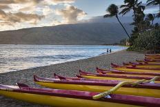 Hawaii, Maui, Kihei. Outrigger canoes on Kalae Pohaku beach and palm trees.-Janis Miglavs-Photographic Print