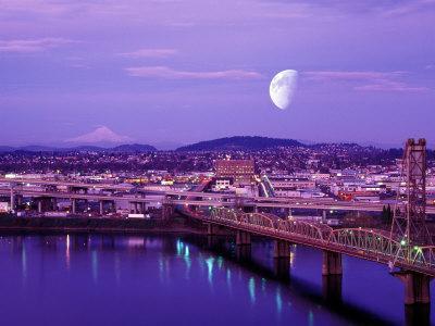Moon Over the City with Mt Hood in the Background, Portland, Oregon, USA