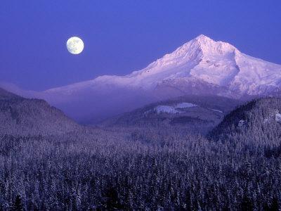 Moon Rises Over Mt. Hood, Oregon Cascades, USA