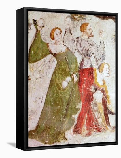 January or Aquarius with Courtiers in Snowball Fight Outside Stenico Castle-Venceslao-Framed Stretched Canvas