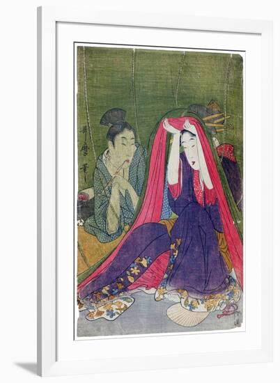 Japan: a Couple, the Man Smoking a Pipe and a Woman Lifting the Mosquito Net-Kitagawa Utamaro-Framed Giclee Print