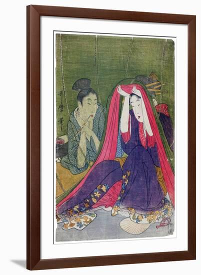 Japan: a Couple, the Man Smoking a Pipe and a Woman Lifting the Mosquito Net-Kitagawa Utamaro-Framed Giclee Print