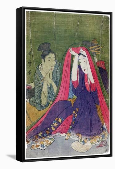 Japan: a Couple, the Man Smoking a Pipe and a Woman Lifting the Mosquito Net-Kitagawa Utamaro-Framed Stretched Canvas