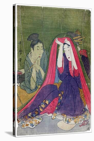 Japan: a Couple, the Man Smoking a Pipe and a Woman Lifting the Mosquito Net-Kitagawa Utamaro-Stretched Canvas