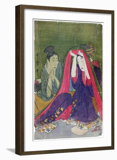 Japan: a Couple, the Man Smoking a Pipe and a Woman Lifting the Mosquito Net-Kitagawa Utamaro-Framed Giclee Print