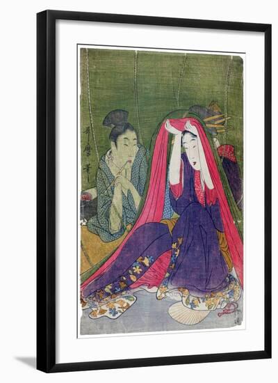 Japan: a Couple, the Man Smoking a Pipe and a Woman Lifting the Mosquito Net-Kitagawa Utamaro-Framed Giclee Print