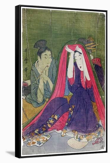 Japan: a Couple, the Man Smoking a Pipe and a Woman Lifting the Mosquito Net-Kitagawa Utamaro-Framed Stretched Canvas