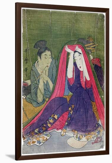 Japan: a Couple, the Man Smoking a Pipe and a Woman Lifting the Mosquito Net-Kitagawa Utamaro-Framed Giclee Print