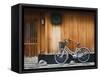 Japan, Chubu Region, Kyoto, Gion, a Bicycle Rests Against the Wall of a Traditional Building-Nick Ledger-Framed Stretched Canvas