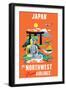 Japan - Fly Northwest Orient Airlines - Vintage Airline Travel Poster, 1950s-Pacifica Island Art-Framed Art Print